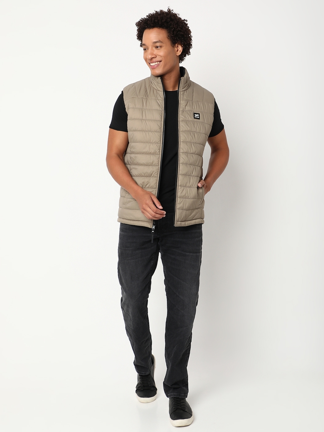 Regular Fit Sleeveless High Gilet Neck Solid Nylon Jacket