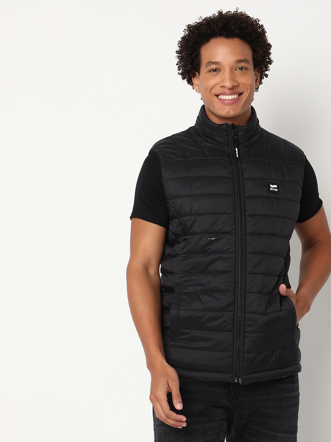 Regular Fit Sleeveless High Gilet Neck Solid Nylon Jacket