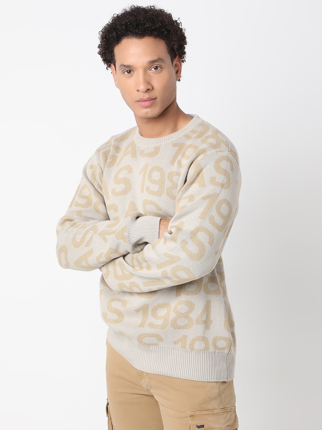 Regular Fit Full Sleeve Rib Neck All Over Printed Cotton Sweater