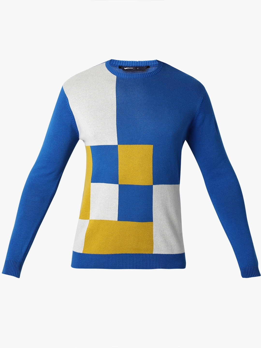 Regular Fit Full Sleeve Rib Neck Colourblock Cotton Sweater