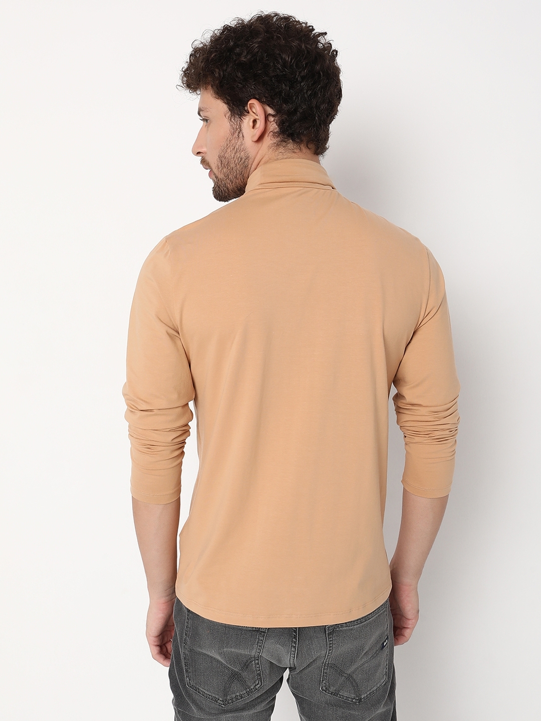 Slim Fit Full-Length Turtle Neck Solid Cotton Lycra T-Shirt