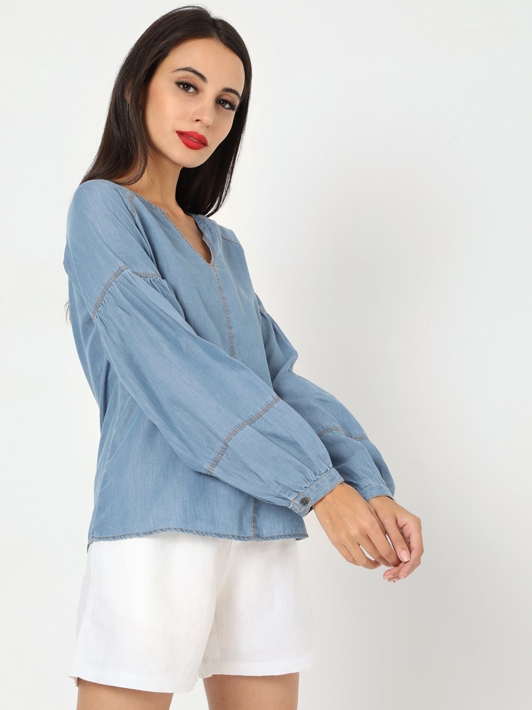 Notched-Neck Top with Contrast Stitch