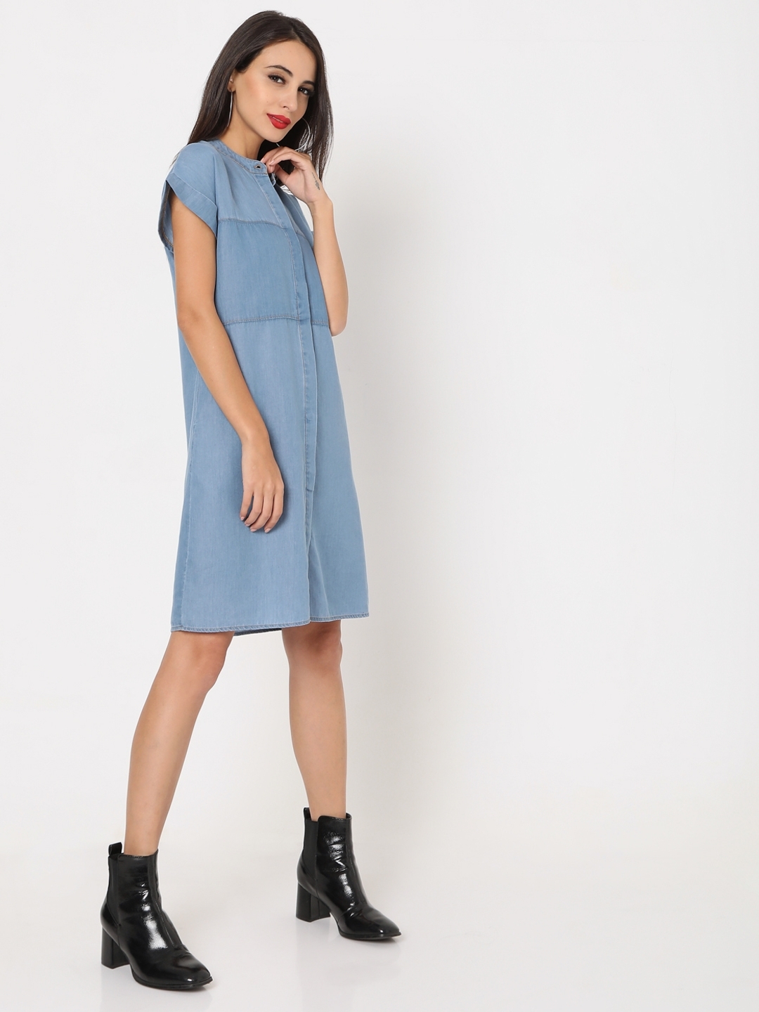 Panelled Shirt Dress with Band Collar