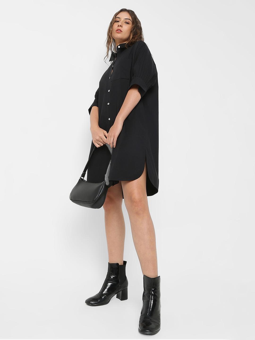 Jet Black Shift Dress with Classic Collar