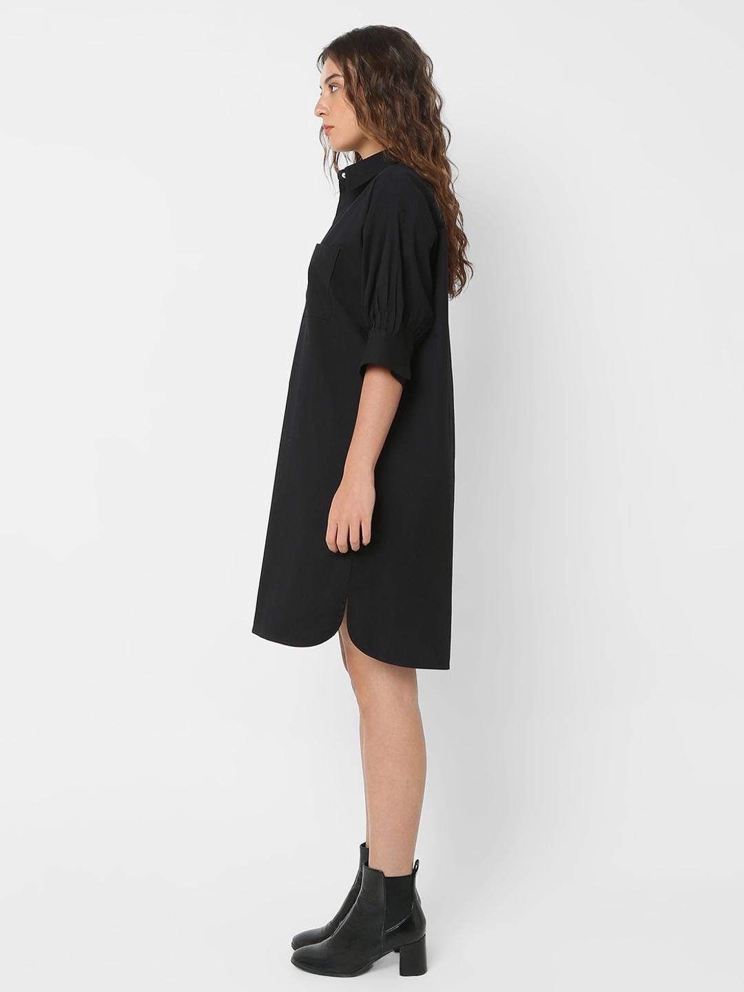 Jet Black Shift Dress with Classic Collar