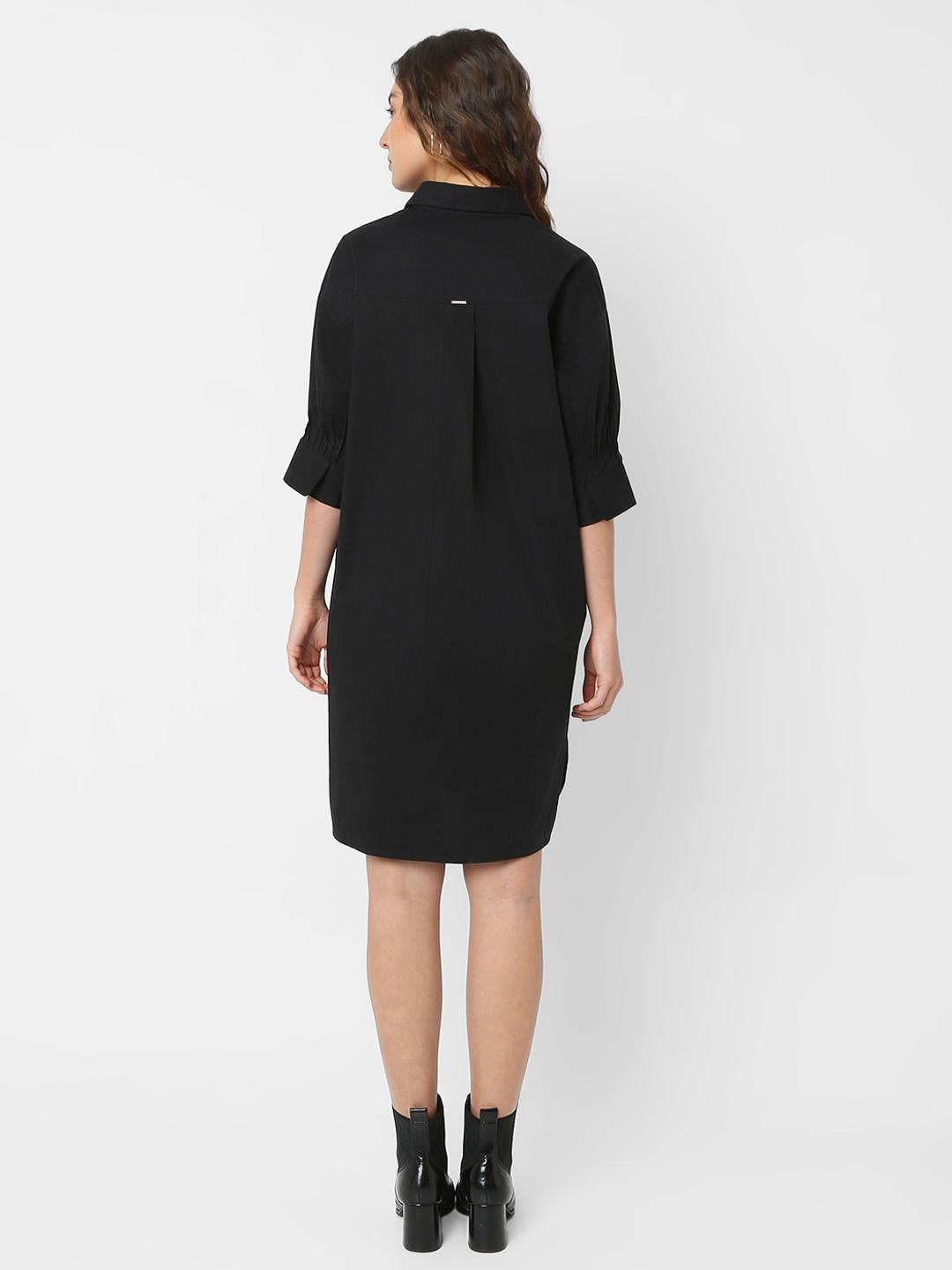 Jet Black Shift Dress with Classic Collar