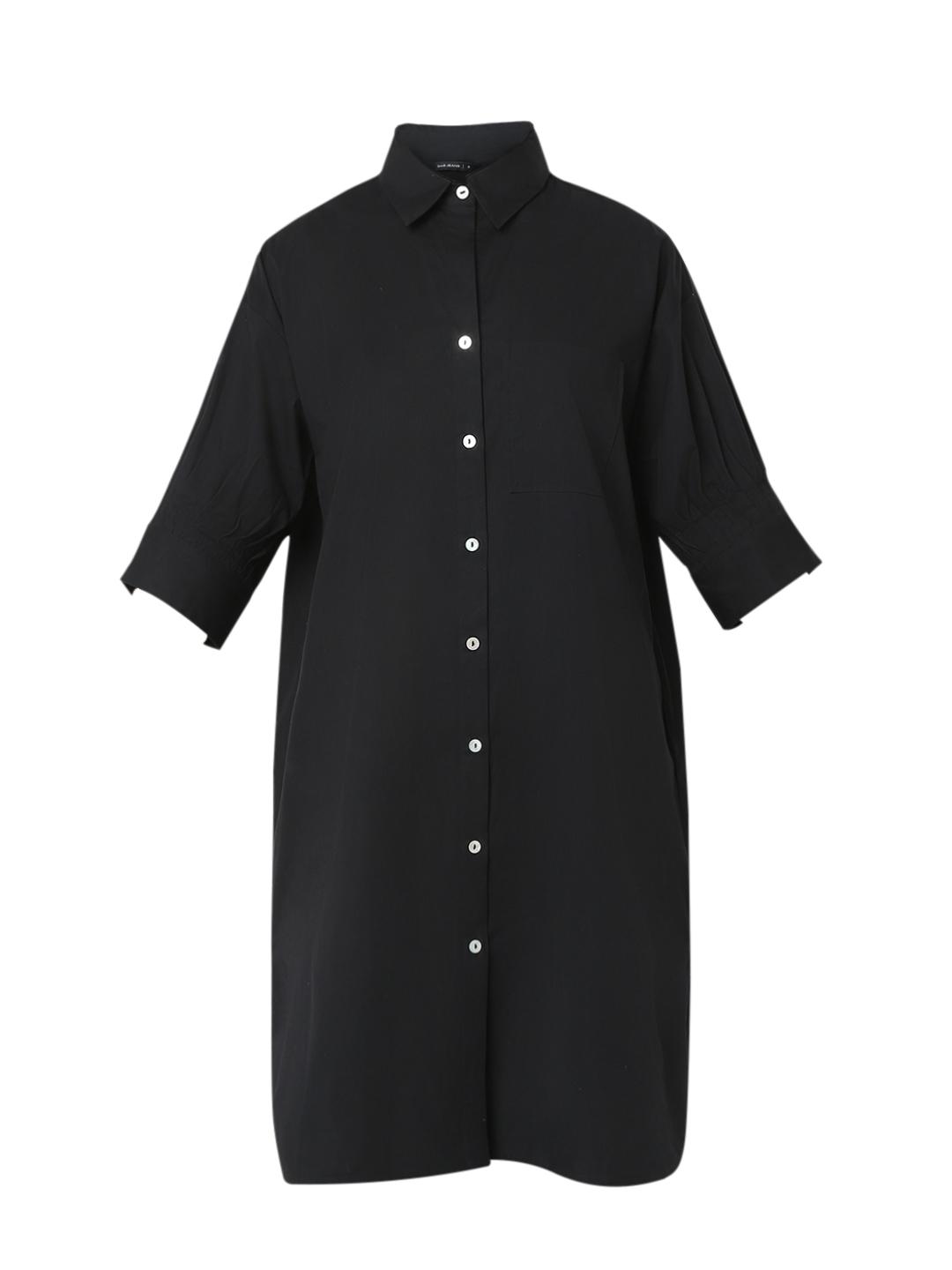 Jet Black Shift Dress with Classic Collar