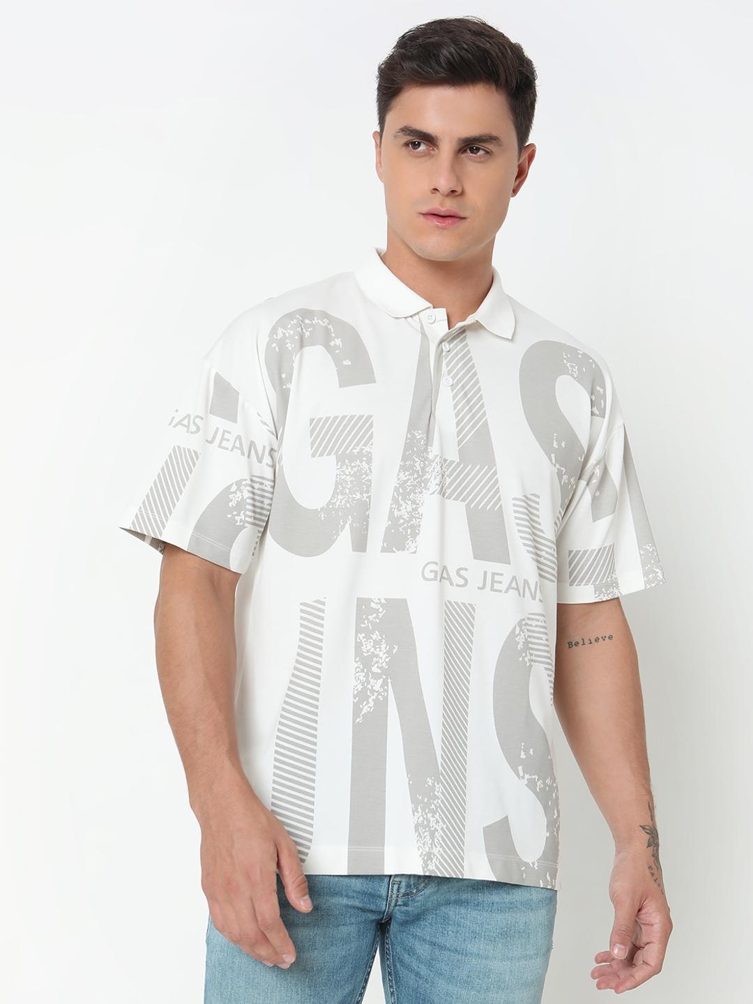 Boxy Fit Placement Print Polo T-Shirt with Short Sleeve