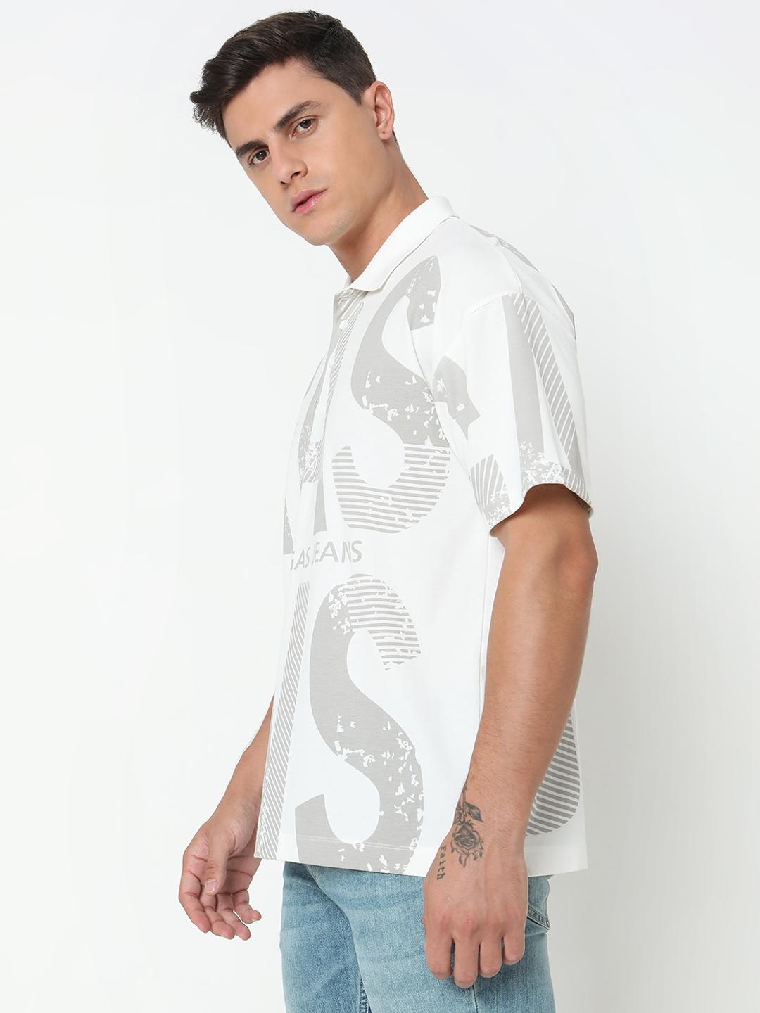 Boxy Fit Placement Print Polo T-Shirt with Short Sleeve