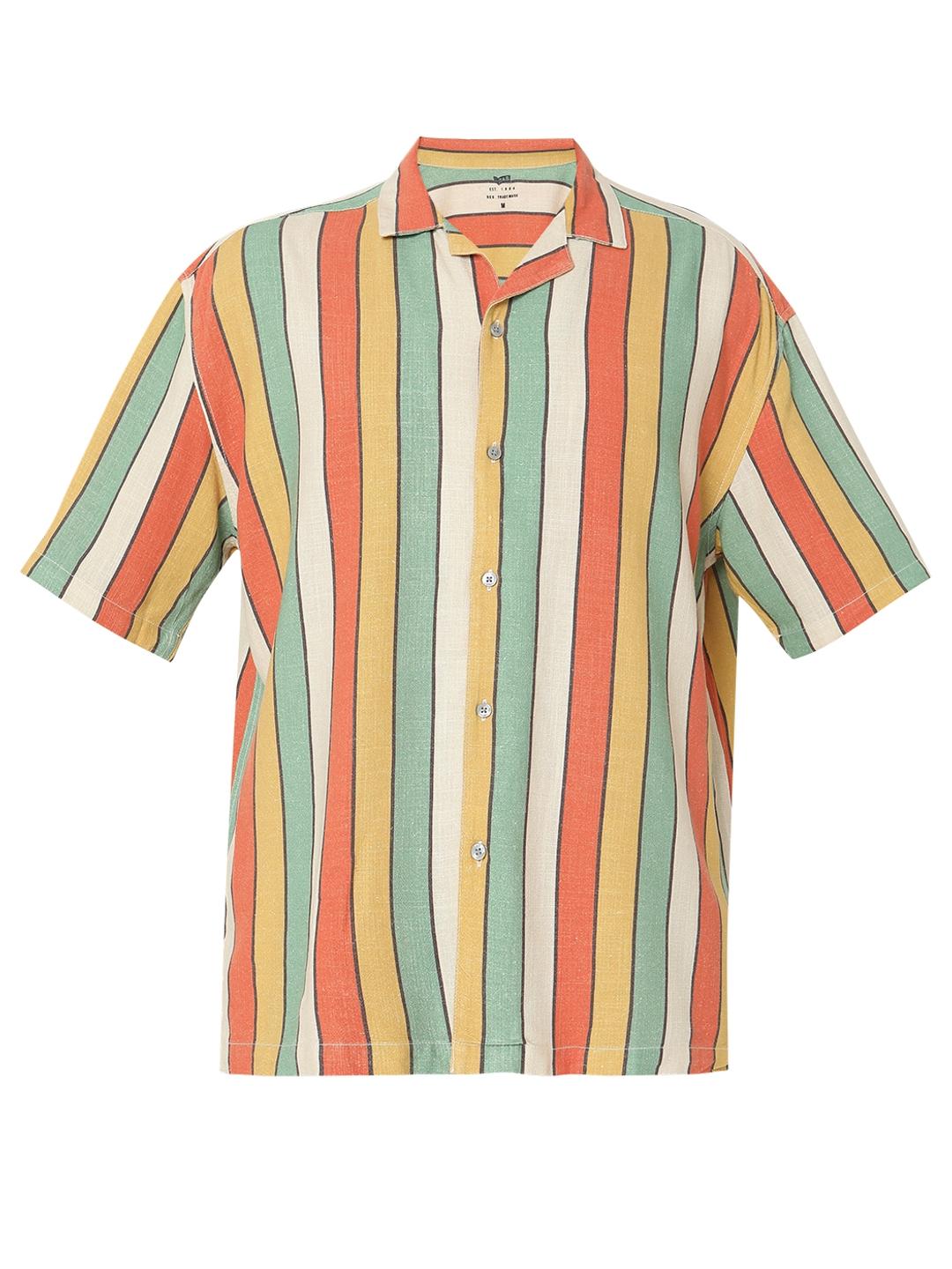 Boxy Fit Striped Short Sleeve Shirt with Resort Collar