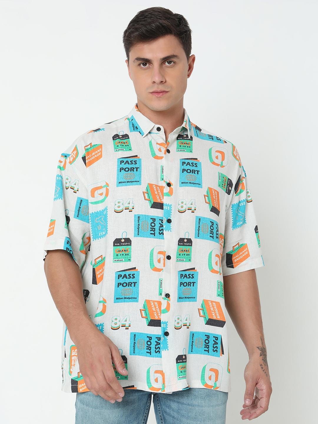 Boxy Fit All Over Printed Short Sleeve Shirt with Classic Collar