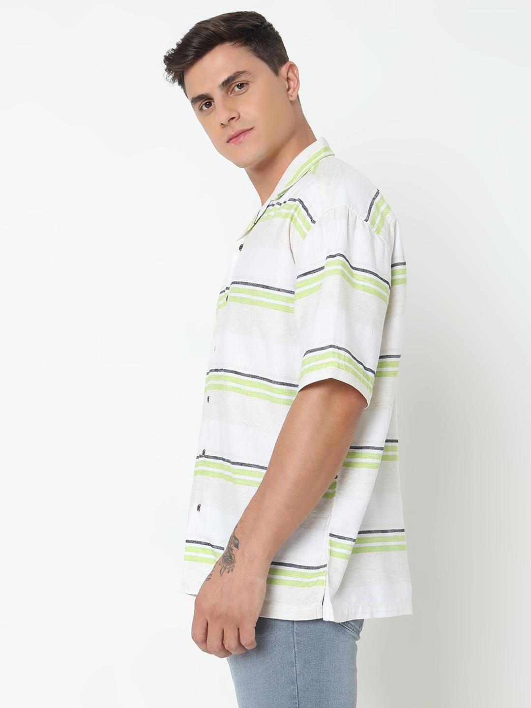 Boxy Fit Striped Short Sleeve Shirt with Resort Collar