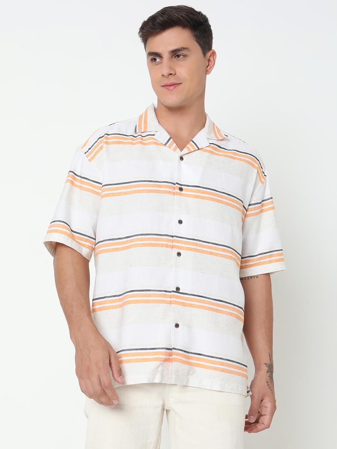 Boxy Fit Striped Short Sleeve Shirt with Resort Collar