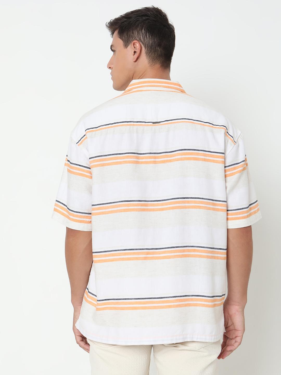 Boxy Fit Striped Short Sleeve Shirt with Resort Collar