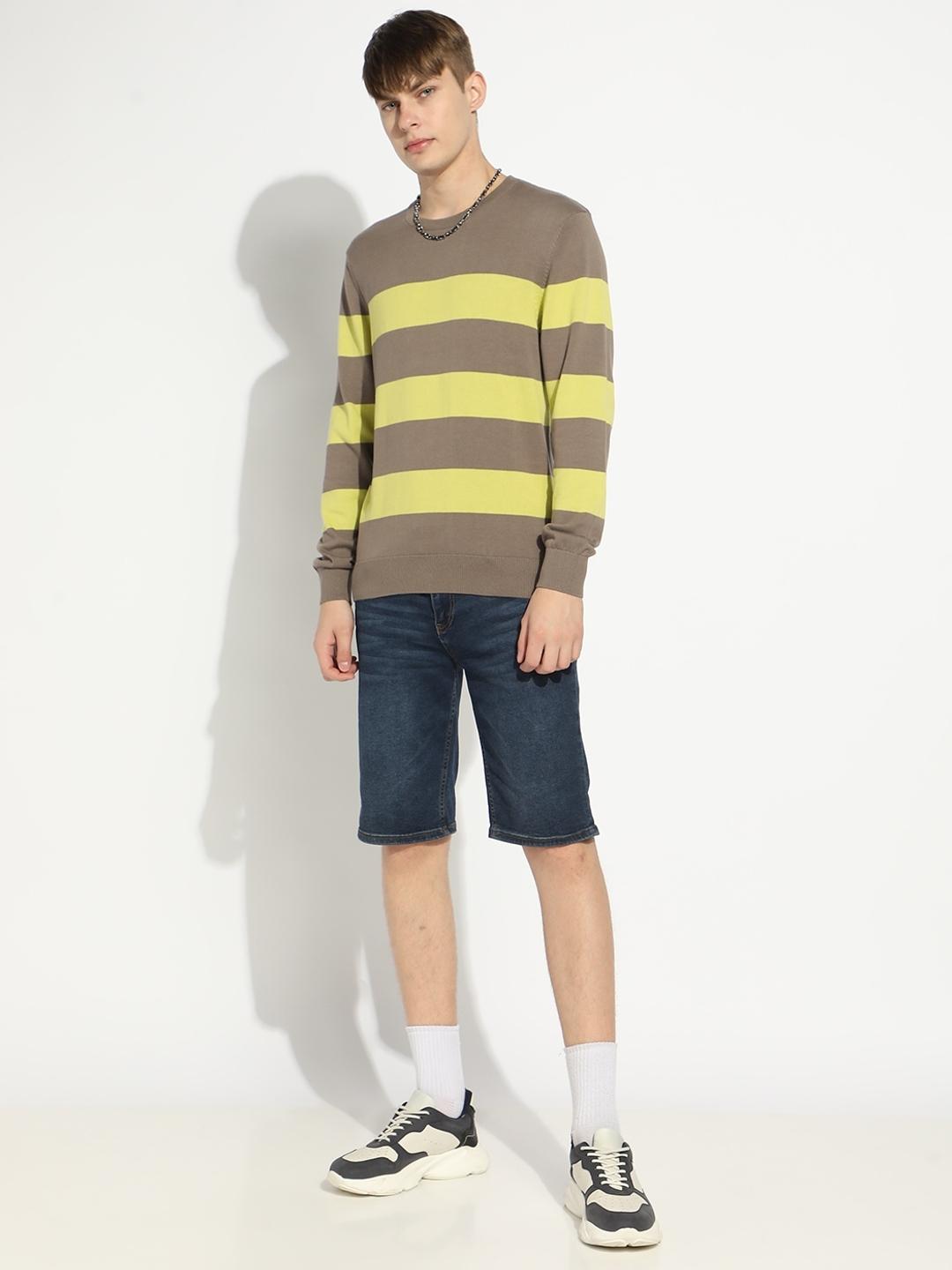 Striped Crew Neck Sweater with Ribbed Cuff