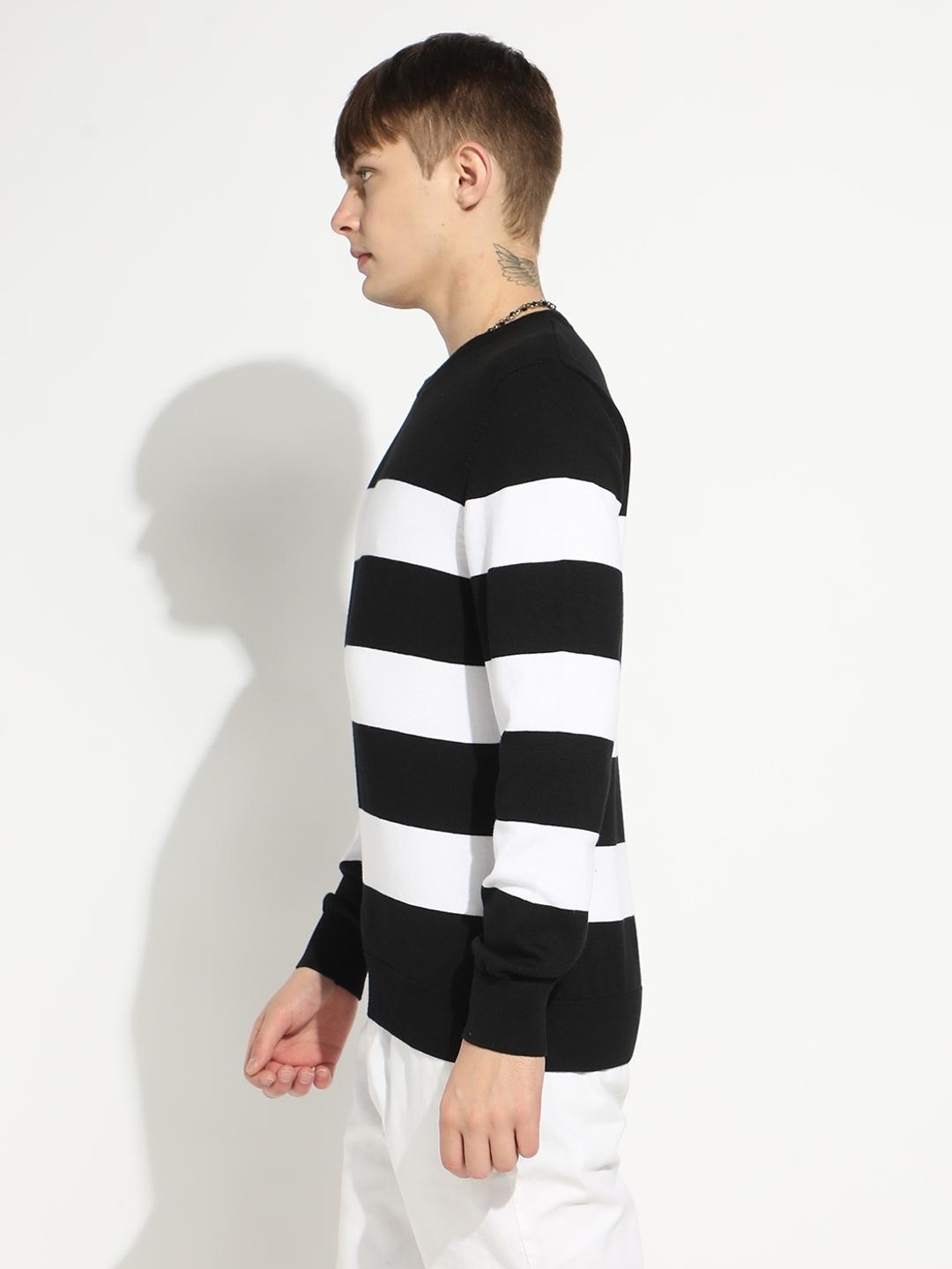 Striped Crew Neck Sweater with Ribbed Cuff