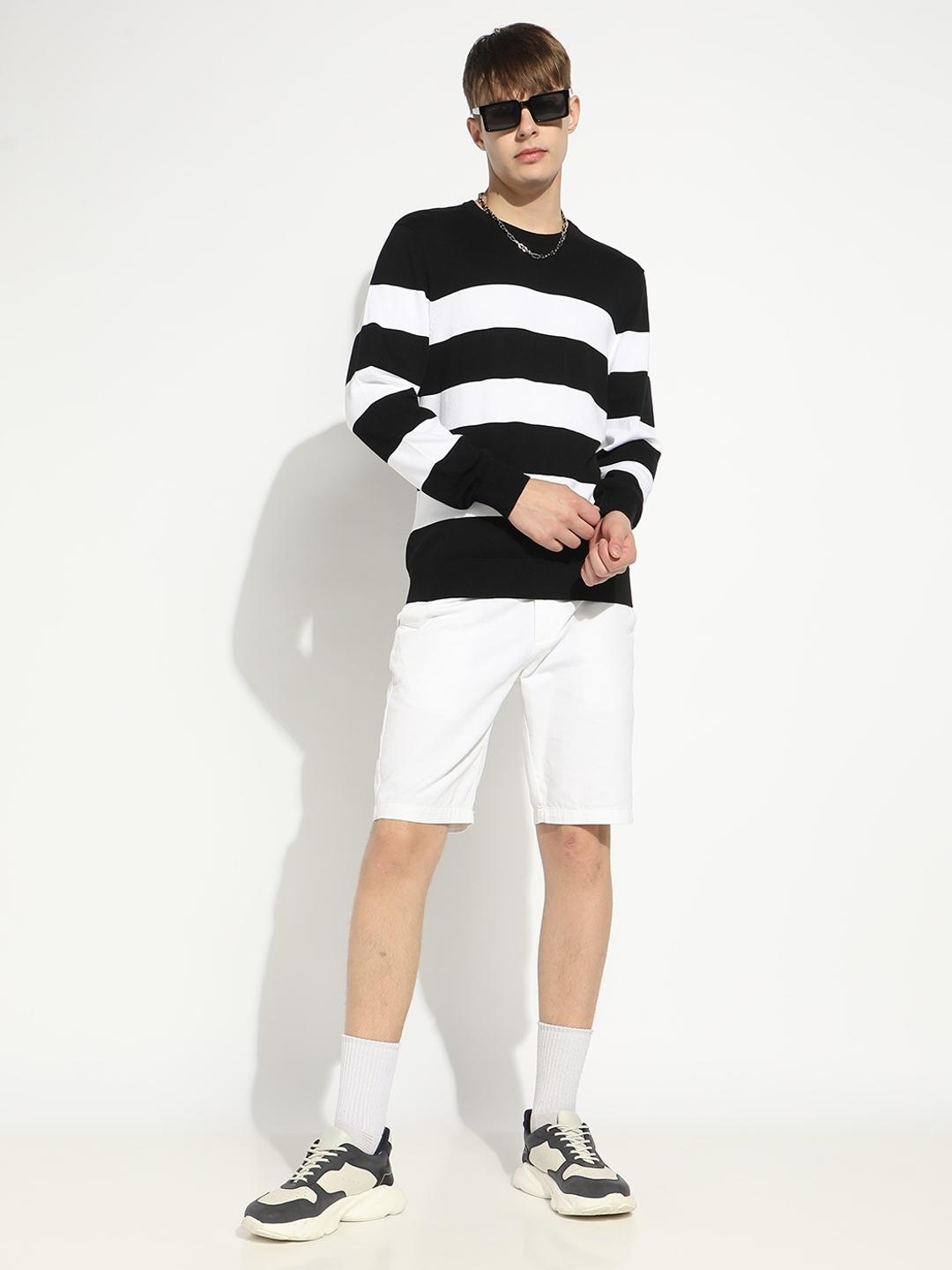 Striped Crew Neck Sweater with Ribbed Cuff