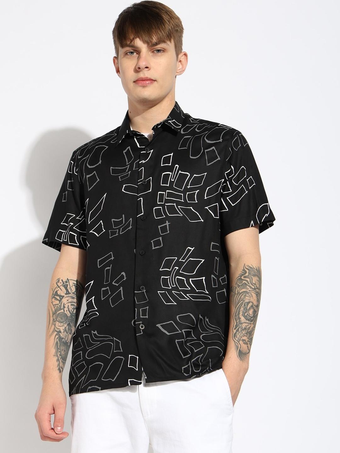 Regular Fit Monochrome Abstract Printed Shirt