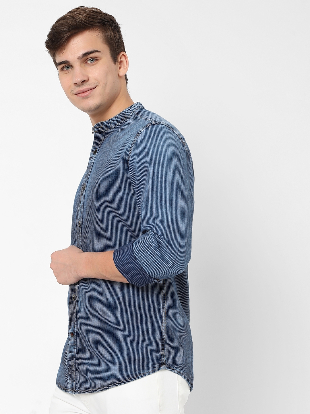 Washed Slim Fit Band-Collared Shirt