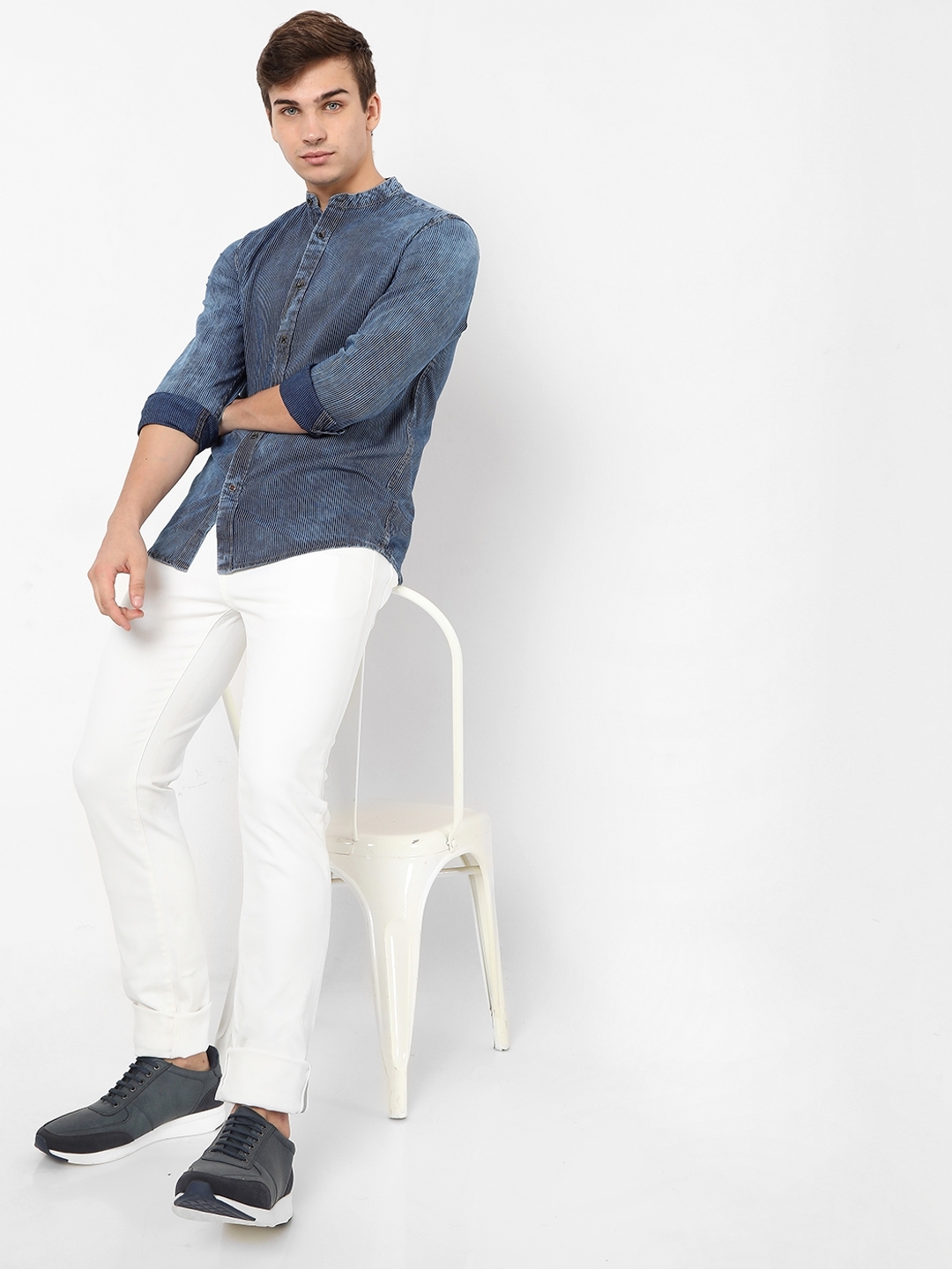 Washed Slim Fit Band-Collared Shirt