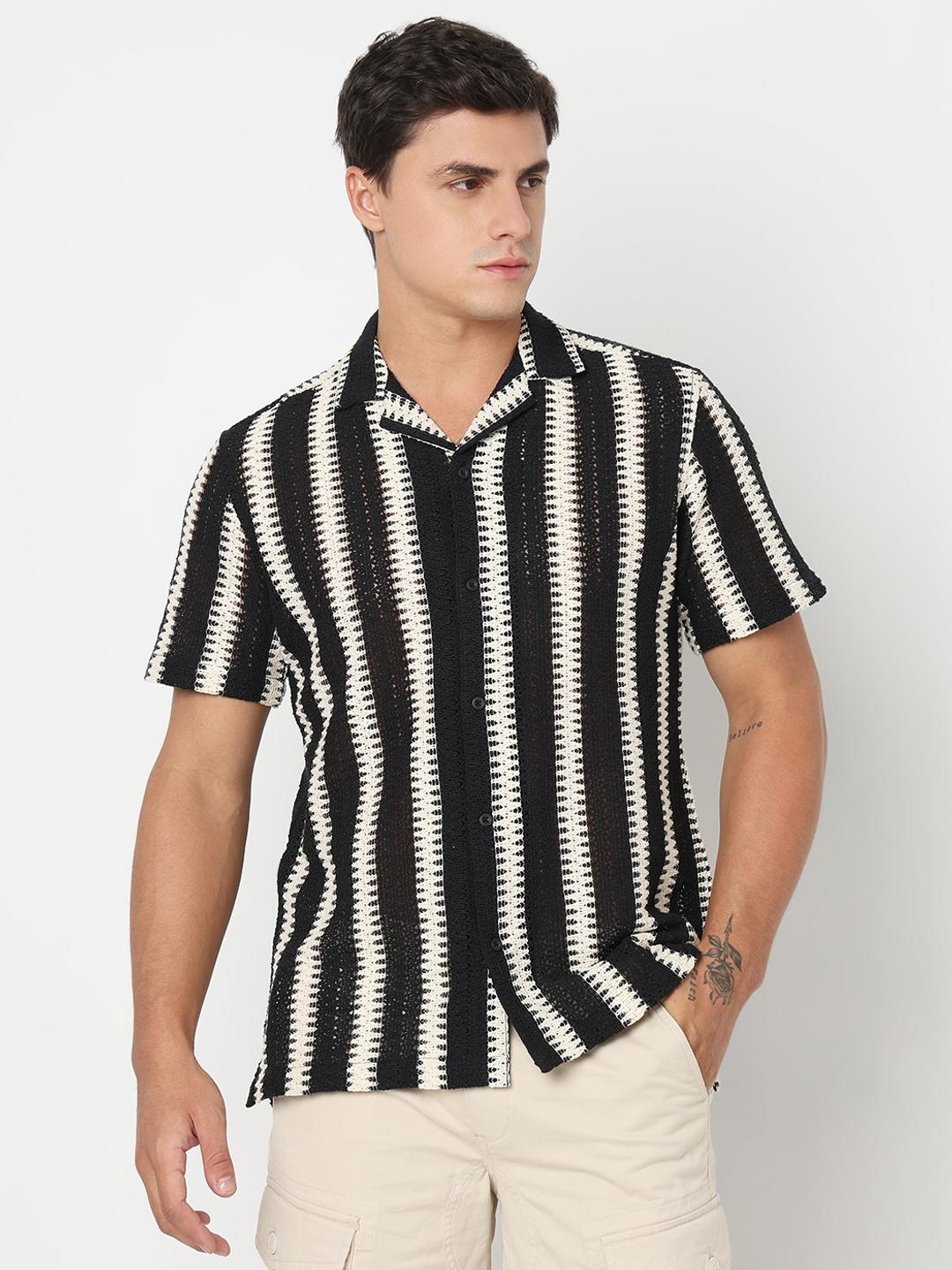 Regular Fit Striped Short Sleeve Shirt with Resort Collar