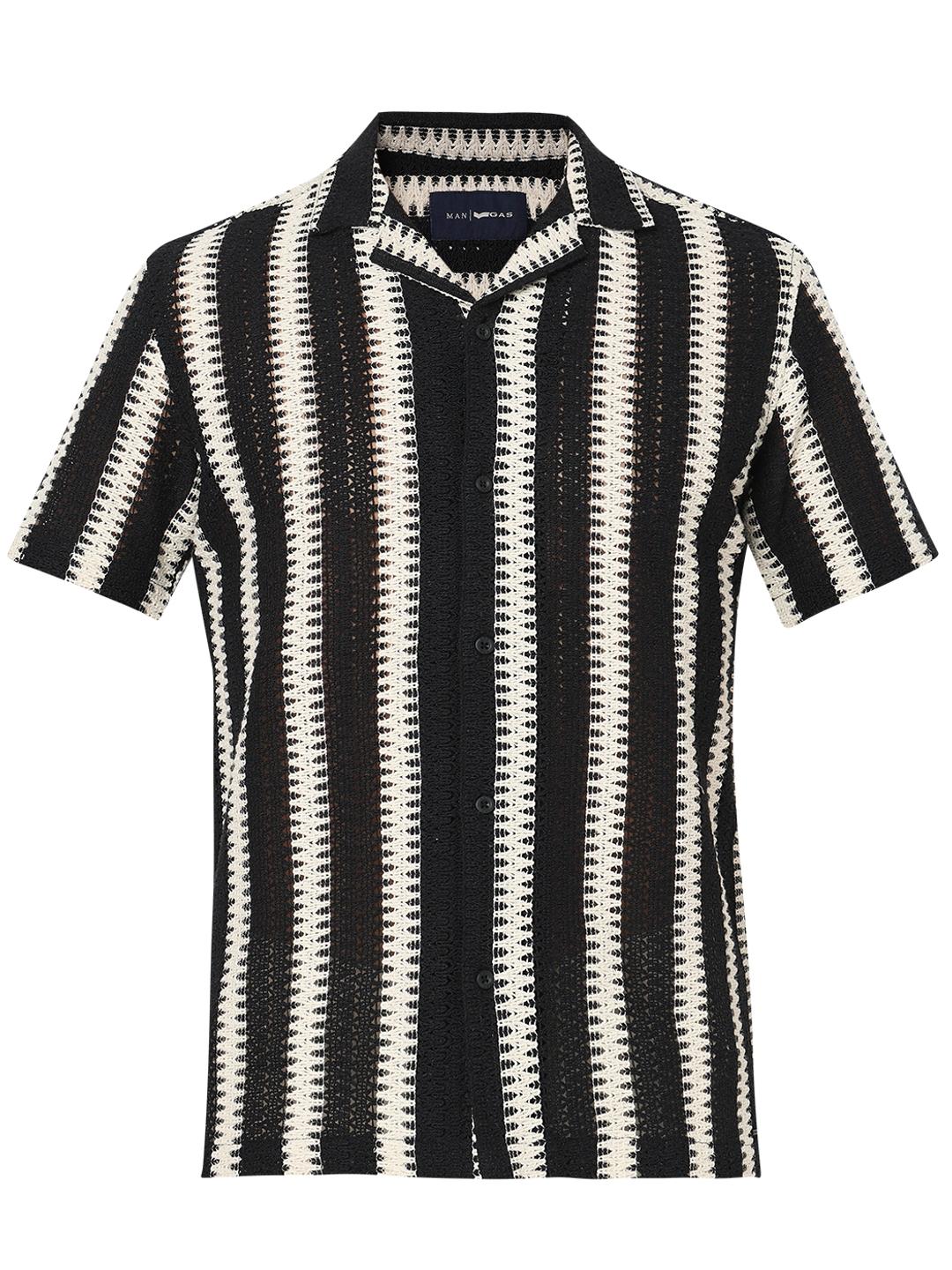 Regular Fit Striped Short Sleeve Shirt with Resort Collar