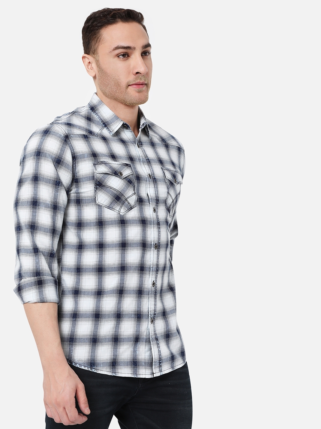 Checked Slim Fit Shirt with Buttoned Flap Pockets