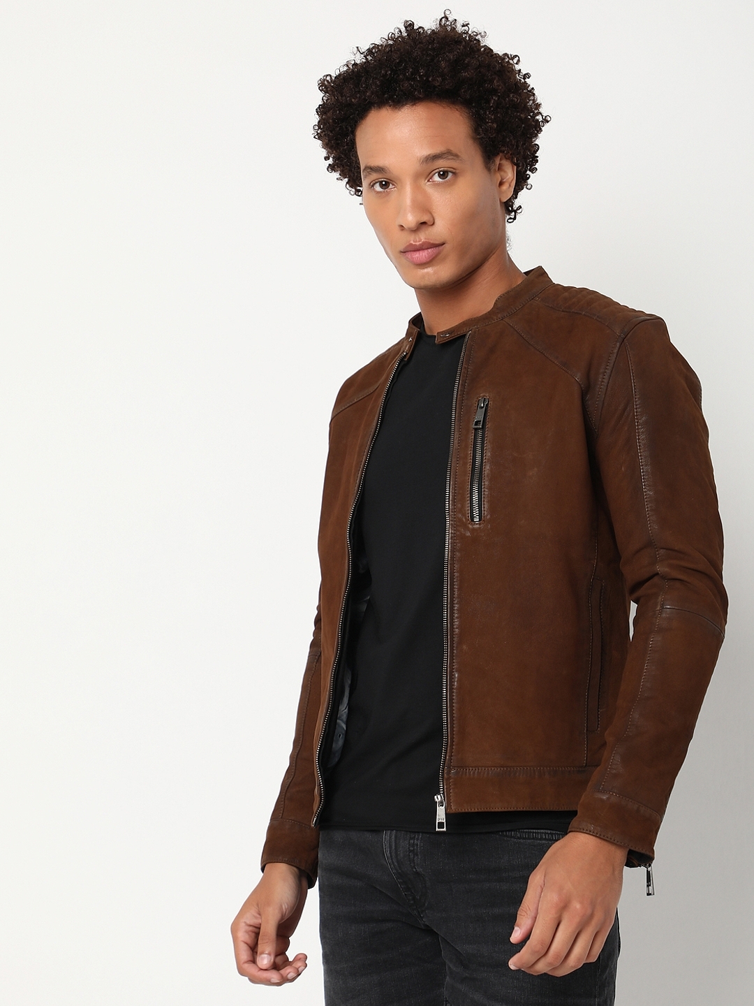 Regular Fit Full Sleeve Mandarin Collar Solid Leather Jacket