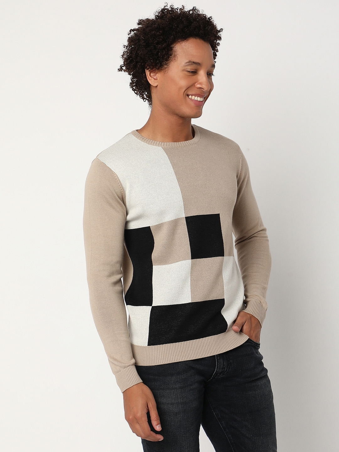 Regular Fit Full Sleeve Rib Neck Colourblock Cotton Sweater