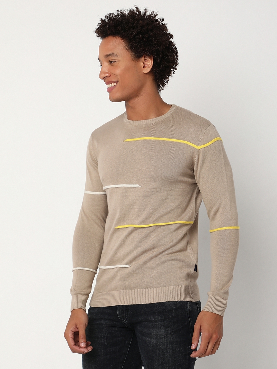 Regular Fit Full Sleeve Rib Neck Stripe Cotton Sweater