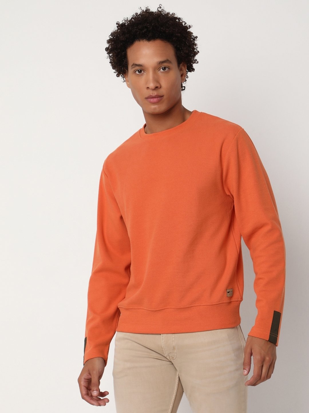 Regular Fit Full Sleeve Rib Neck Solid Knitted T-Shirt