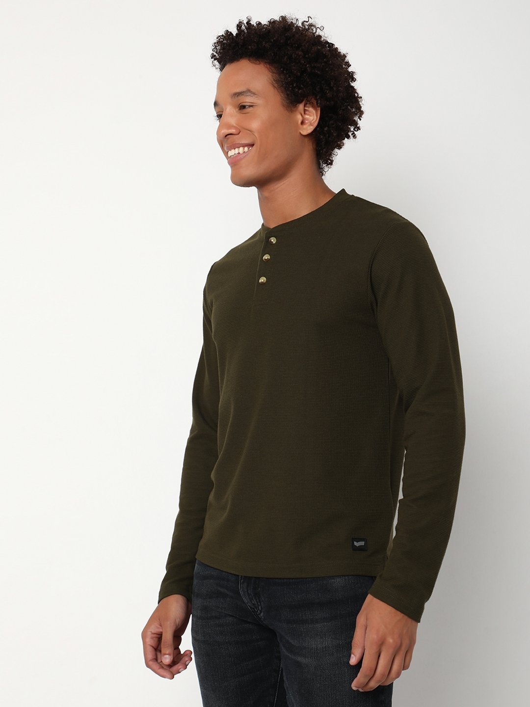 Regular Fit Full Sleeve Henley Neck Solid Cotton T-Shirt