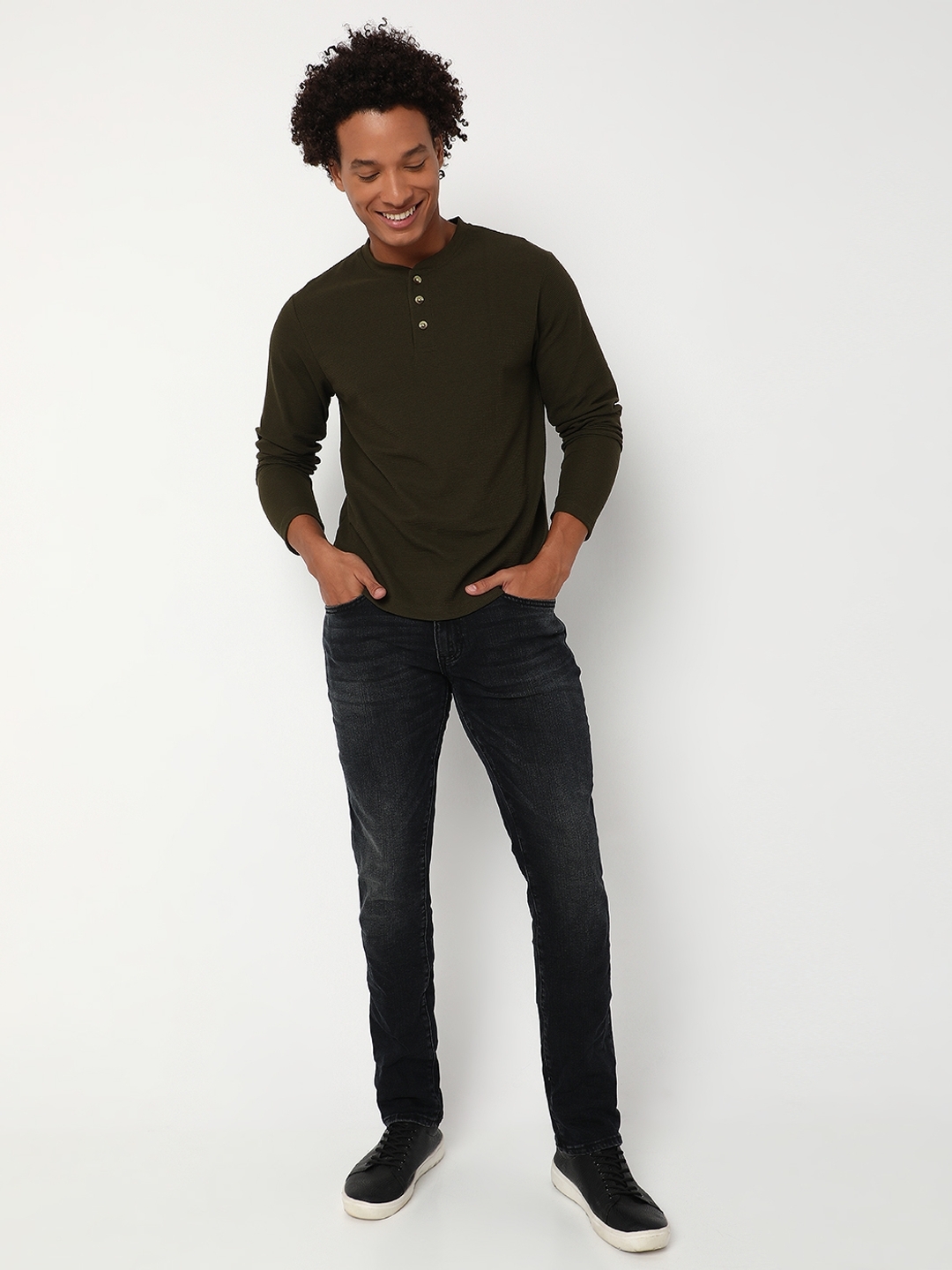 Regular Fit Full Sleeve Henley Neck Solid Cotton T-Shirt