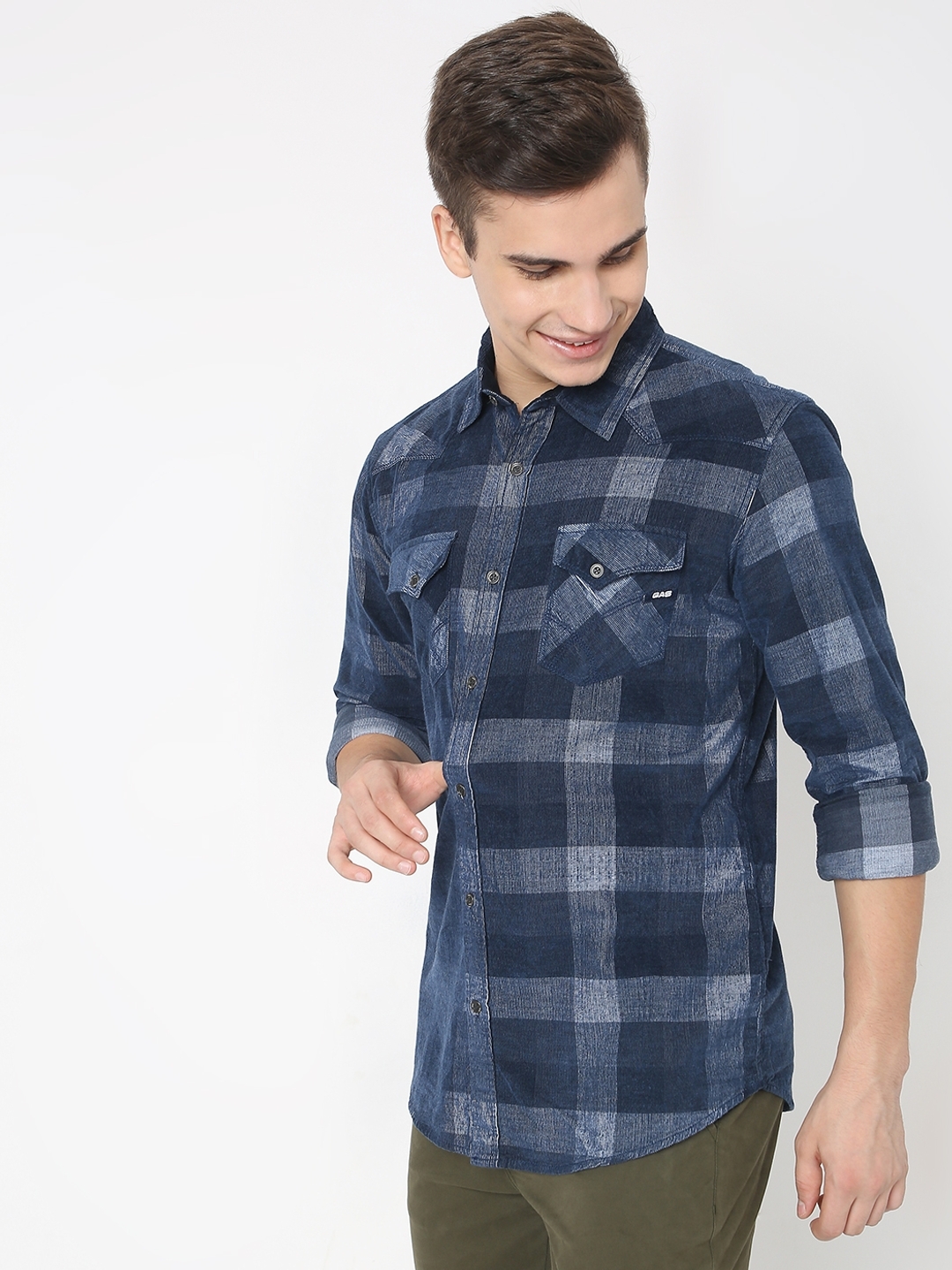 Kant Cord Checked Slim Fit Shirt with Buttoned Flap Pockets