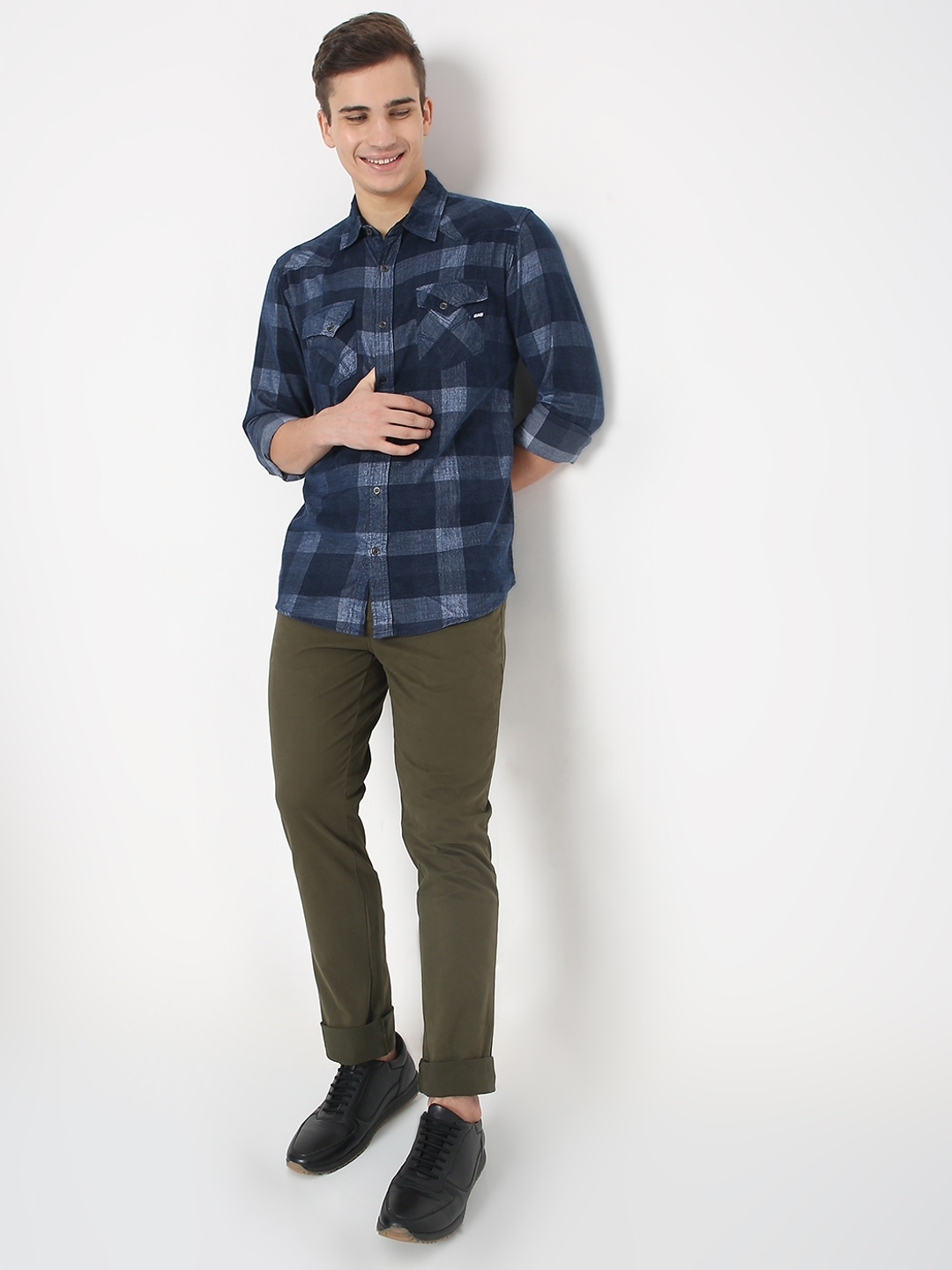 Kant Cord Checked Slim Fit Shirt with Buttoned Flap Pockets