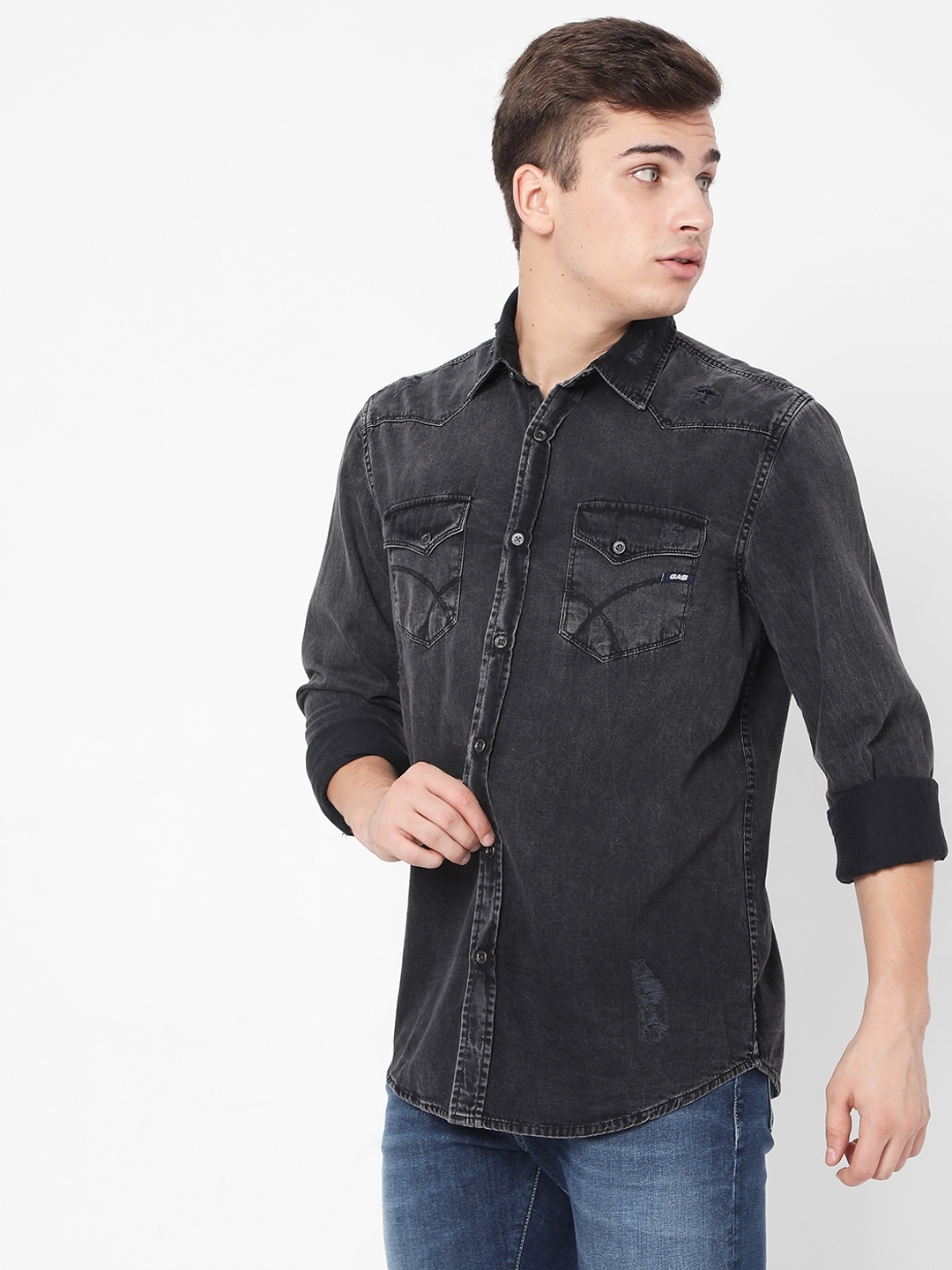 Kant Washed Distressed Slim Fit Shirt