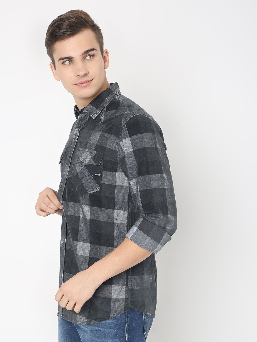 Kant Cord Checked Slim Fit Shirt with Buttoned Flap Pockets