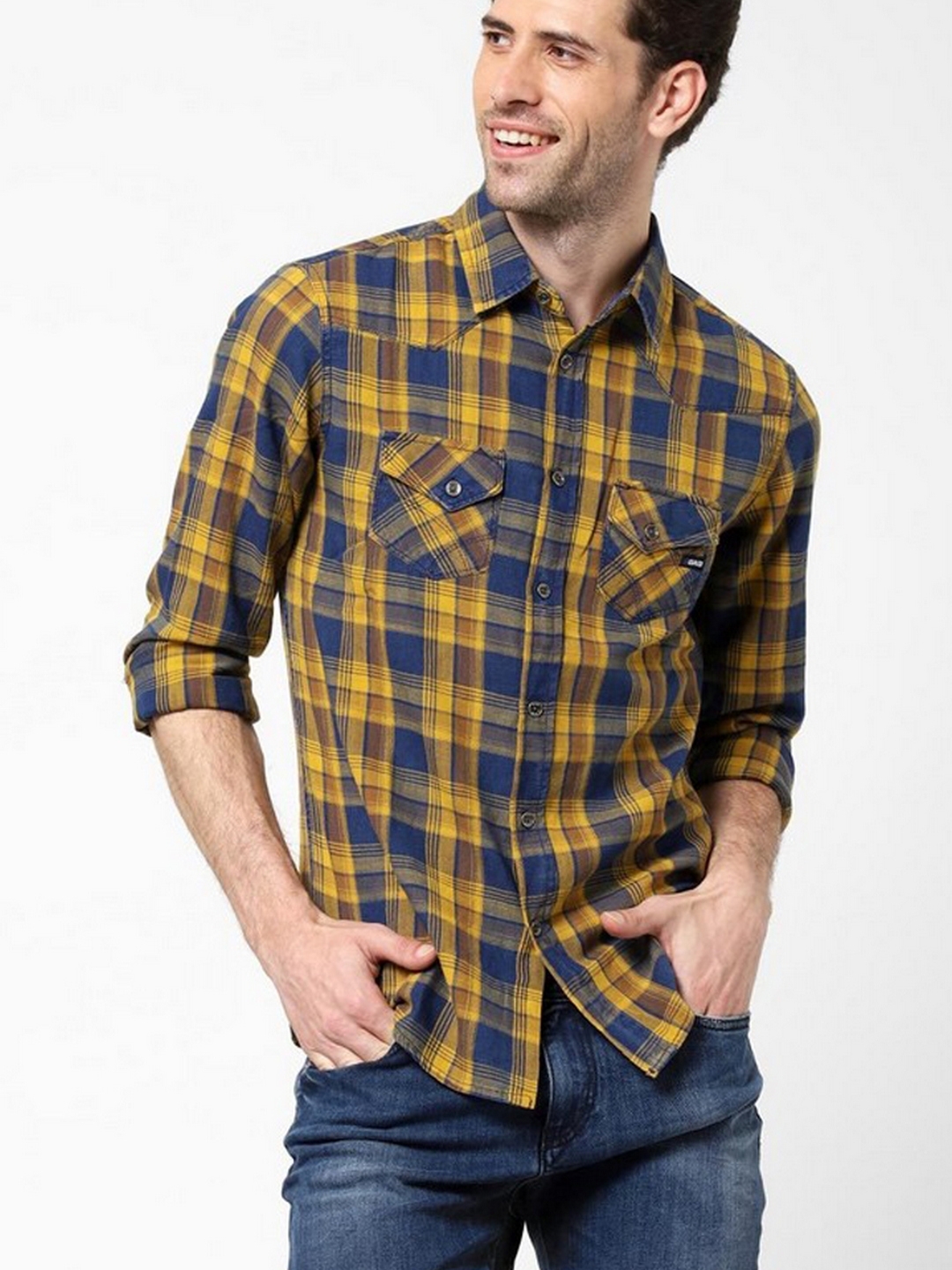 Slim Fit Checked Shirt with Button Flap Pockets
