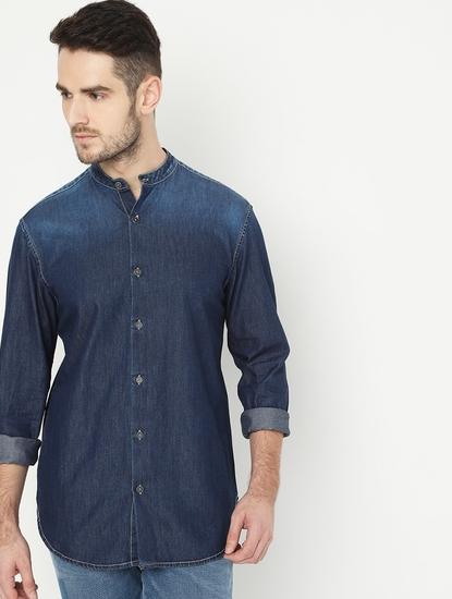 Lightly Washed Slim Fit Shirt with Mandarin Collar