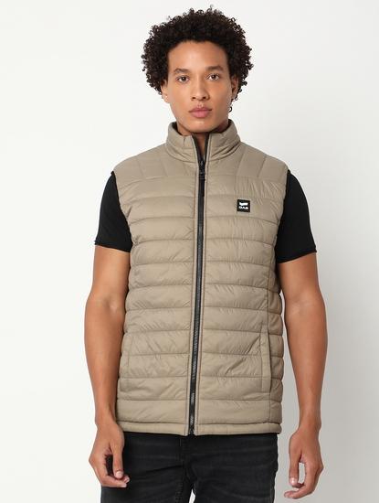 Regular Fit Sleeveless High Gilet Neck Solid Nylon Jacket