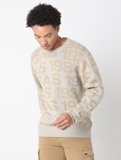 Regular Fit Full Sleeve Rib Neck All Over Printed Cotton Sweater