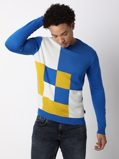 Regular Fit Full Sleeve Rib Neck Colourblock Cotton Sweater