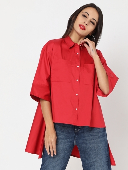 High-Low Boxy Shirt with Patch Pockets