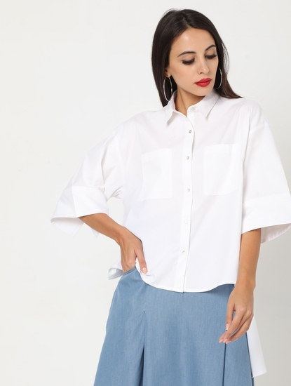 High-Low Boxy Shirt with Patch Pockets