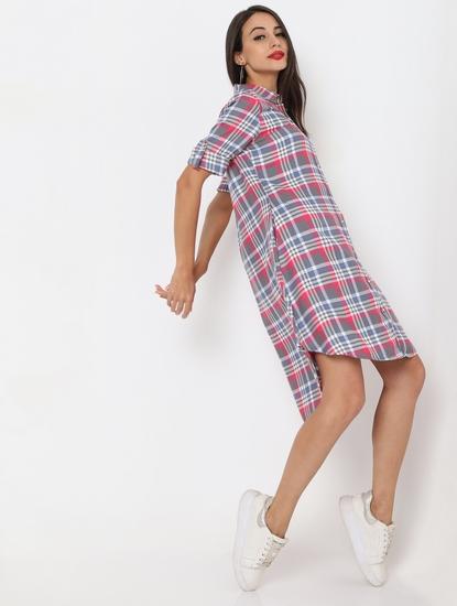 Checked High-Low Shirt Dress