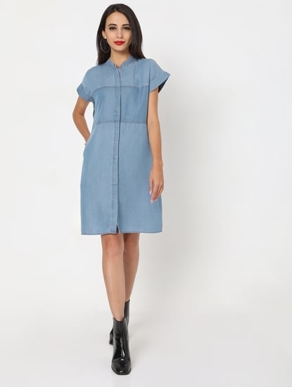 Panelled Shirt Dress with Band Collar