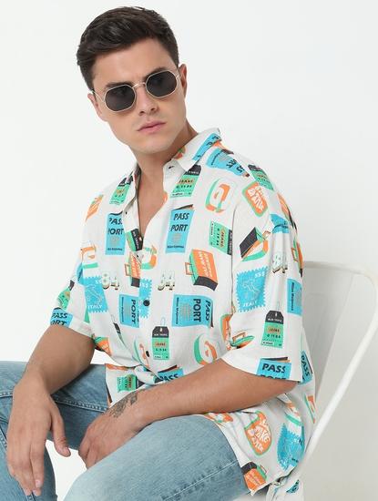 Boxy Fit All Over Printed Short Sleeve Shirt with Classic Collar