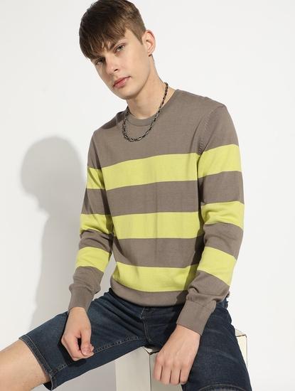 Striped Crew Neck Sweater with Ribbed Cuff