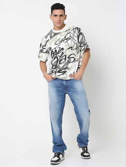 Boxy Fit All Over Printed Round Neck T-Shirt with Short Sleeve