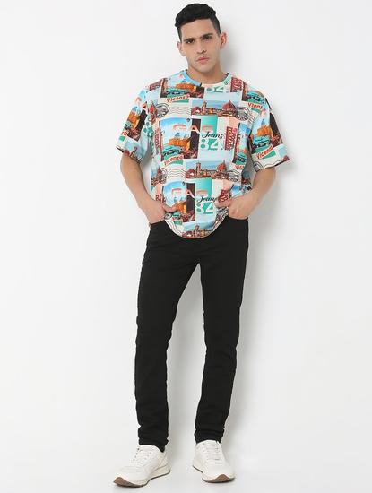 Boxy Fit All Over Printed Round Neck T-Shirt with Short Sleeve